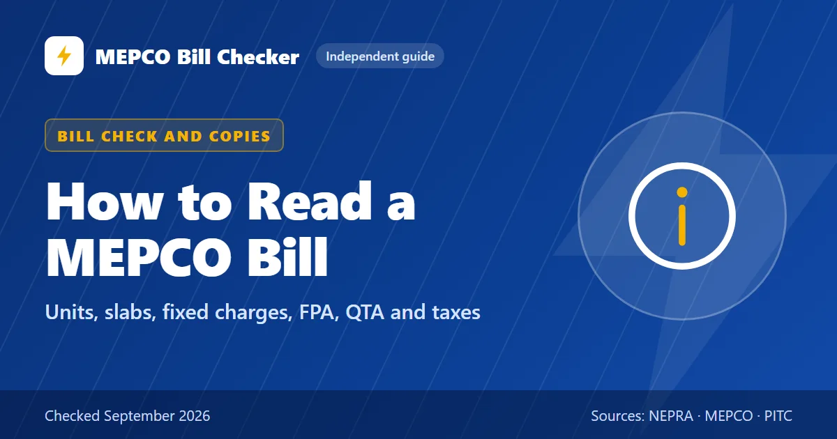 How to Read a MEPCO Bill title card: Units, slabs, fixed charges, FPA, QTA and taxes