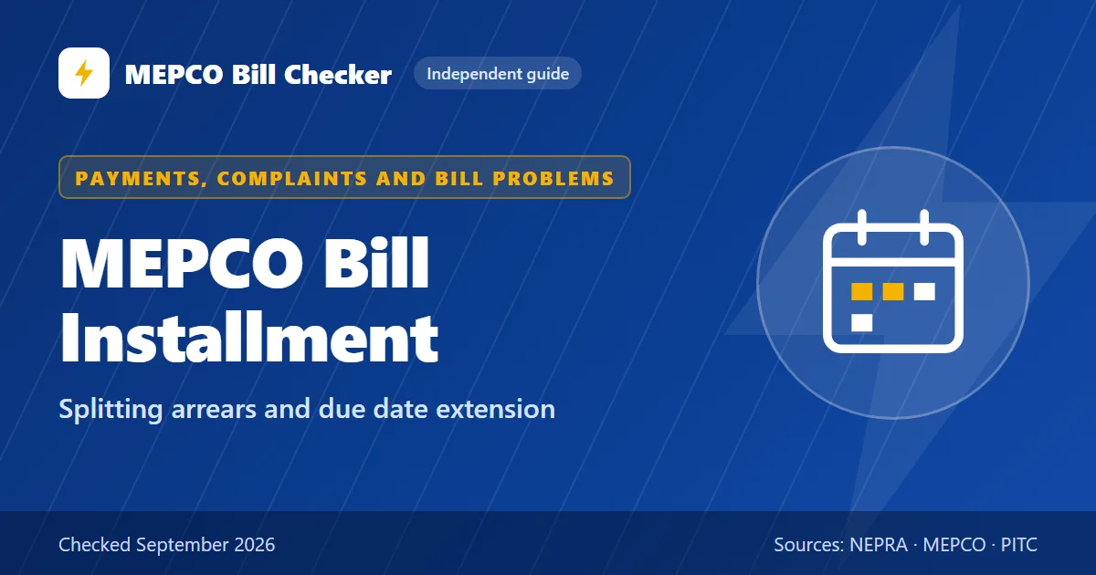 Guide card titled MEPCO Bill Installment, splitting arrears and due date extension, with a calendar icon