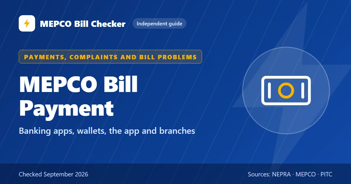 MEPCO Bill Payment title card: Banking apps, wallets, the app and branches