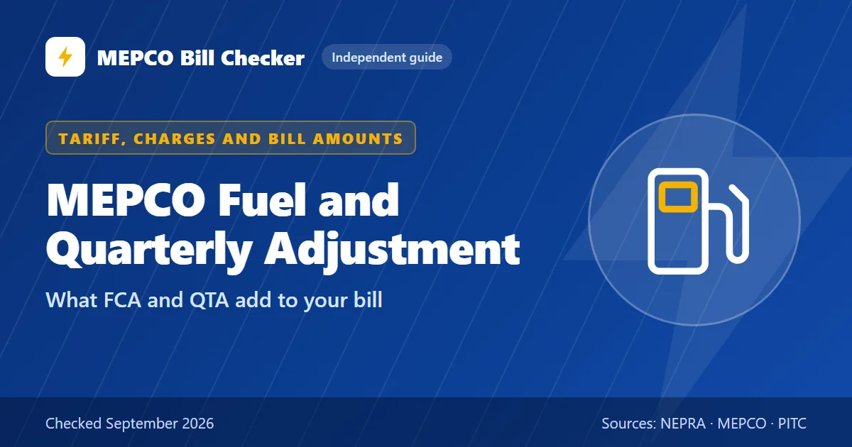 Guide card titled MEPCO Fuel and Quarterly Adjustment, what FCA and QTA add to your bill, with a fuel pump icon