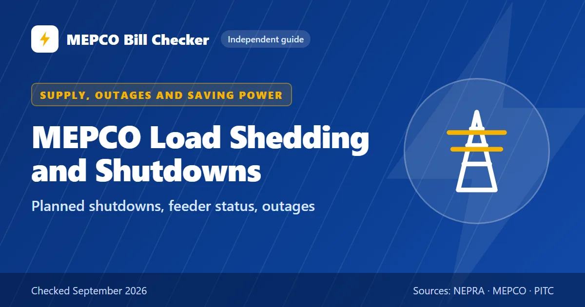 MEPCO Load Shedding and Shutdowns title card: Planned shutdowns, feeder status, outages