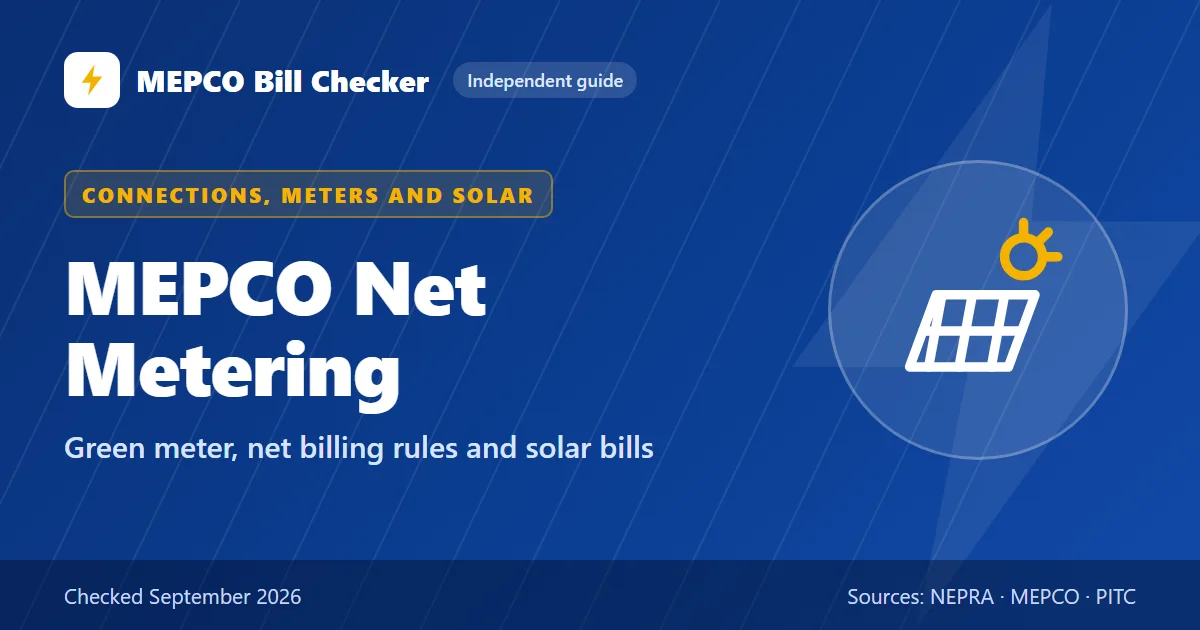 MEPCO Net Metering title card: Green meter, net billing rules and solar bills