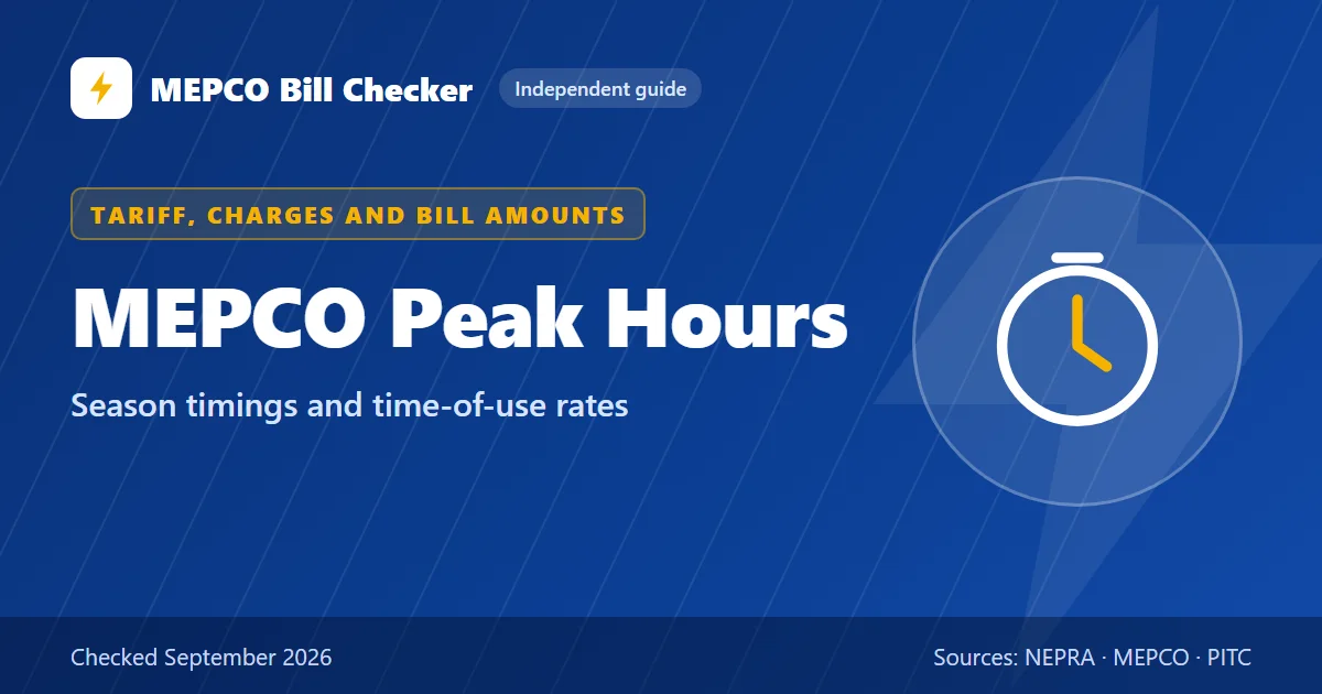 MEPCO Peak Hours title card: Season timings and time-of-use rates
