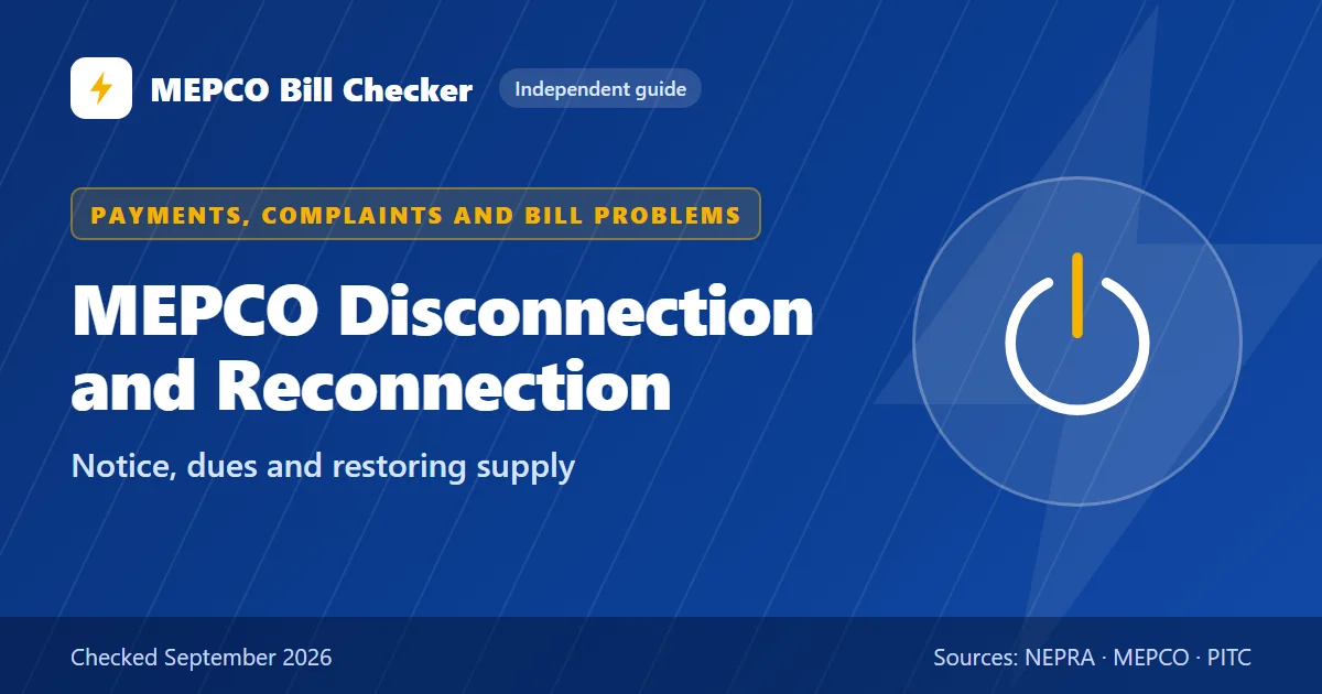 MEPCO Disconnection and Reconnection title card: Notice, dues and restoring supply