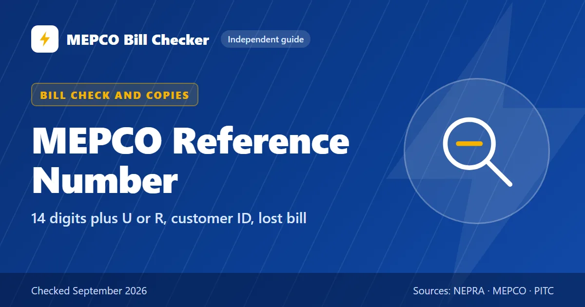 MEPCO Reference Number title card: 14 digits plus U or R, customer ID, lost bill
