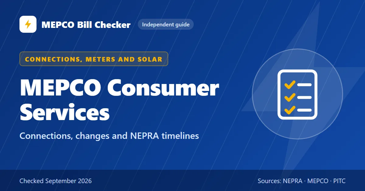 MEPCO Consumer Services title card: Connections, changes and NEPRA timelines