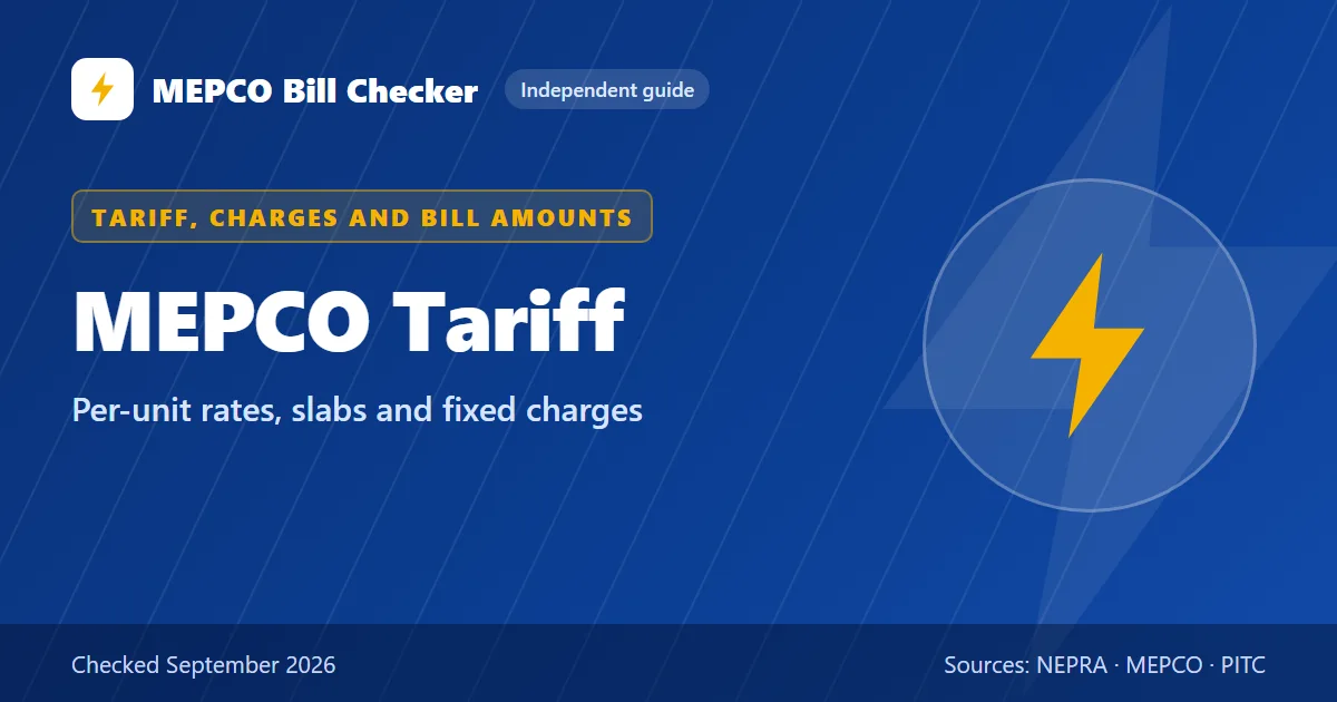 MEPCO Tariff title card: Per-unit rates, slabs and fixed charges