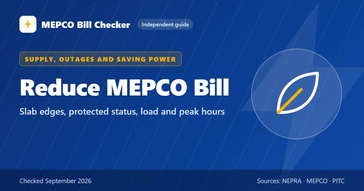 Guide card titled Reduce MEPCO Bill, slab edges, protected status, load and peak hours, with a leaf icon